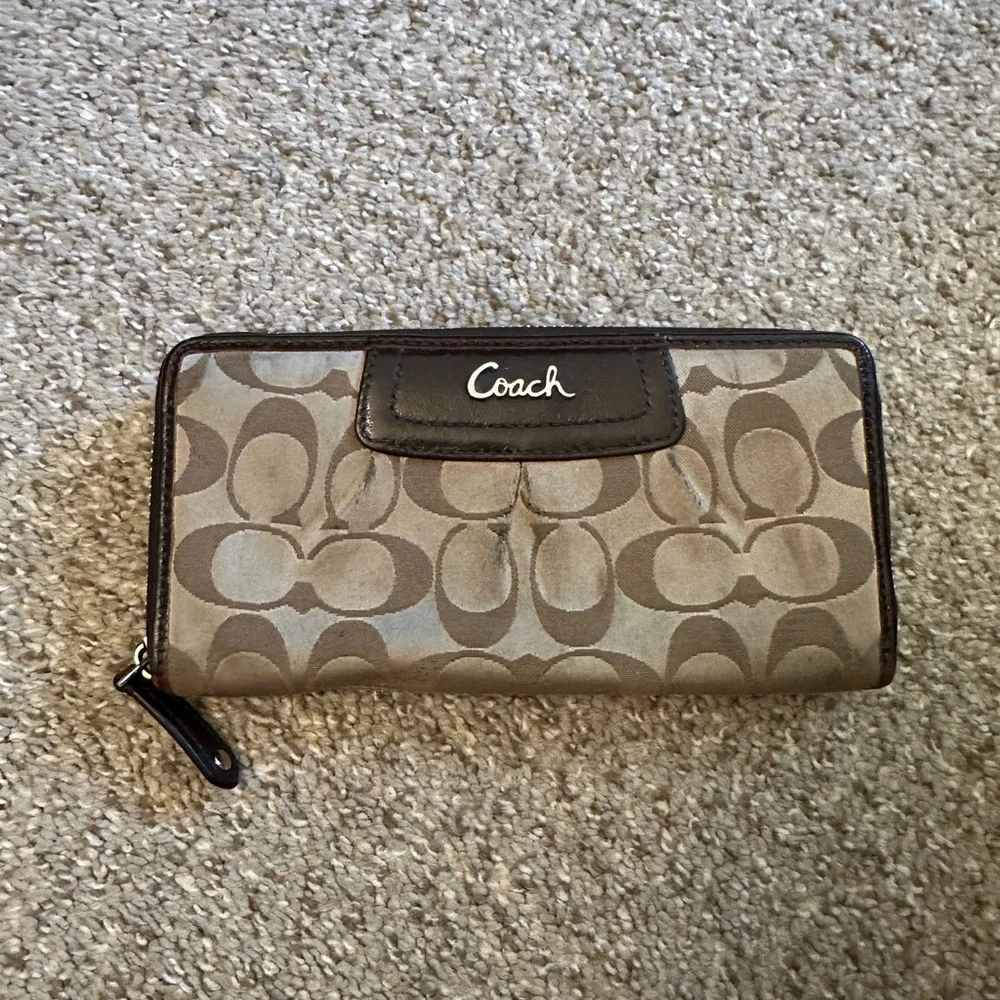 Coach Tan and Brown Signature Zip Wallet